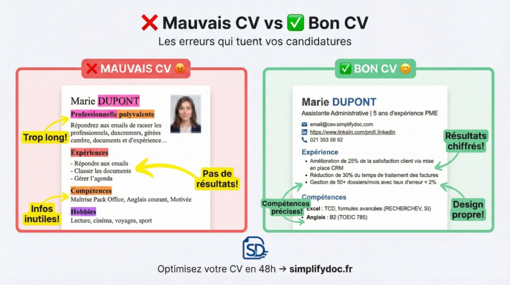 Exemple de CV professionnel : 7 erreurs à éviter et bonnes pratiques. Comparatif visuel entre un CV daté et un CV moderne.